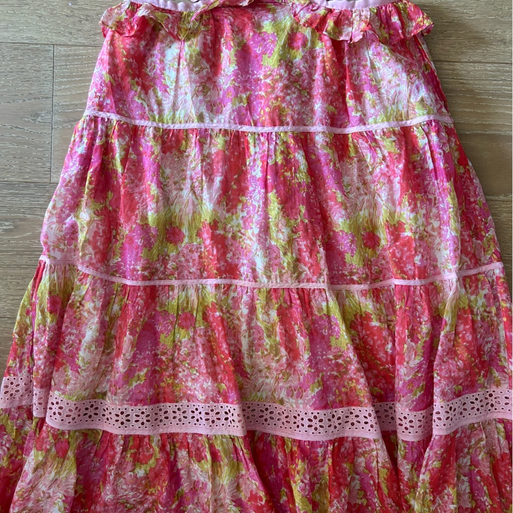 LoveShackFancy Madsen Floral Cutout Maxi Dress Pink Orange Tiered Cotton Silk L - Picture 11 of 12